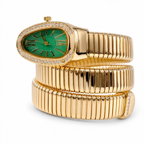 Golden Snake Style Bracelet Watch with Oval Green Dial and Crystal Border Design