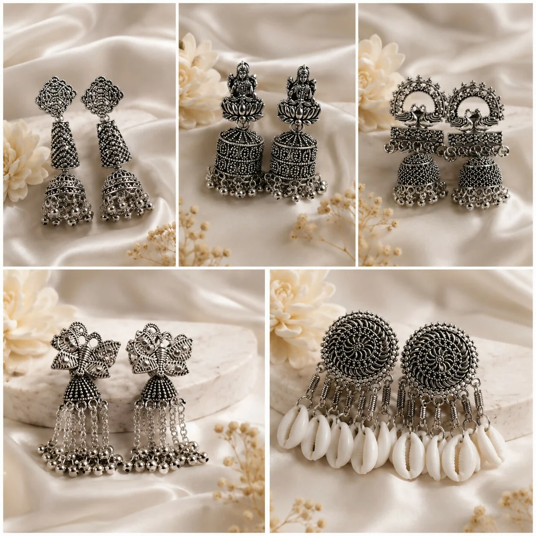 5 Pair Oxidised Silver-Tone Ethnic Earrings Set with Jhumka and Shell Drops for Women