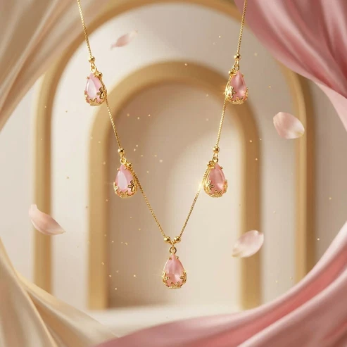 Gold-Tone Pink Teardrop Charm Necklace for Women, Elegant Festive Fashion Jewellery
