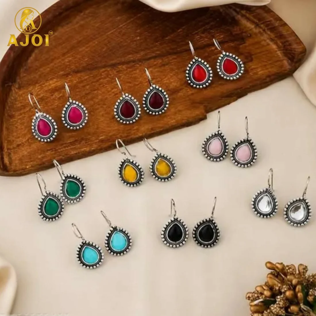 Premium Oxidised Silver-Plated Tilak Stone Drop Earrings Set of 9